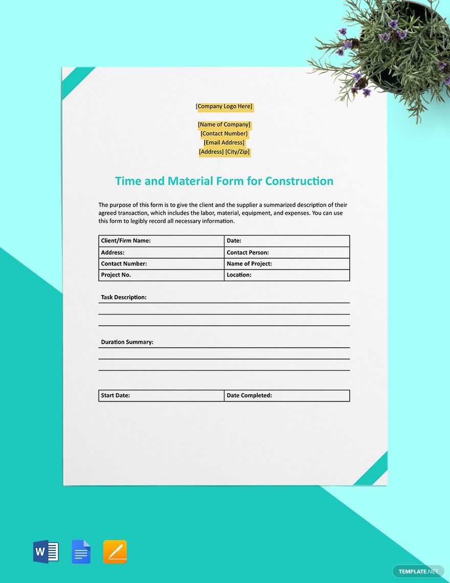 Time and Material Form for Construction Template