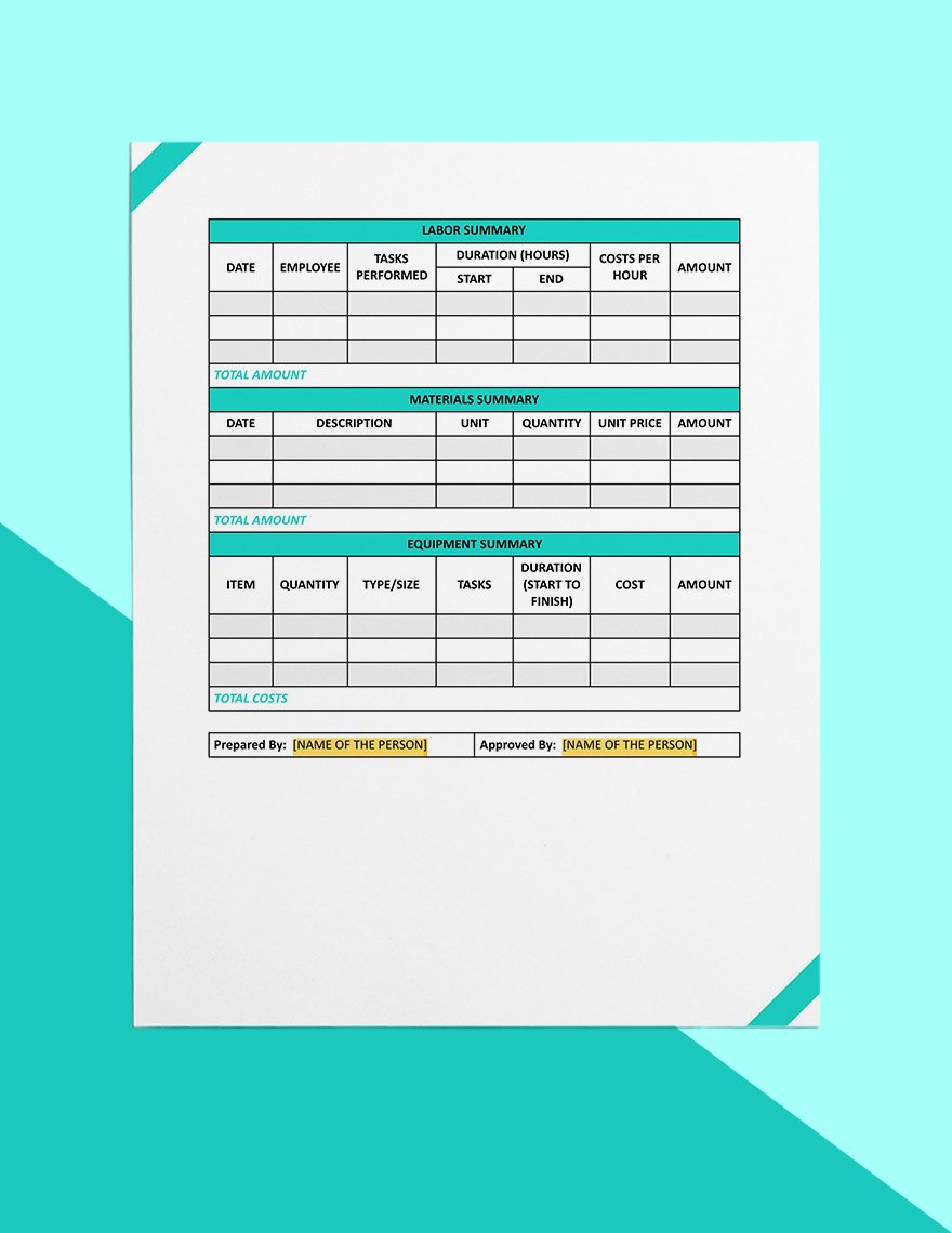 Time and Material Form for Construction Template