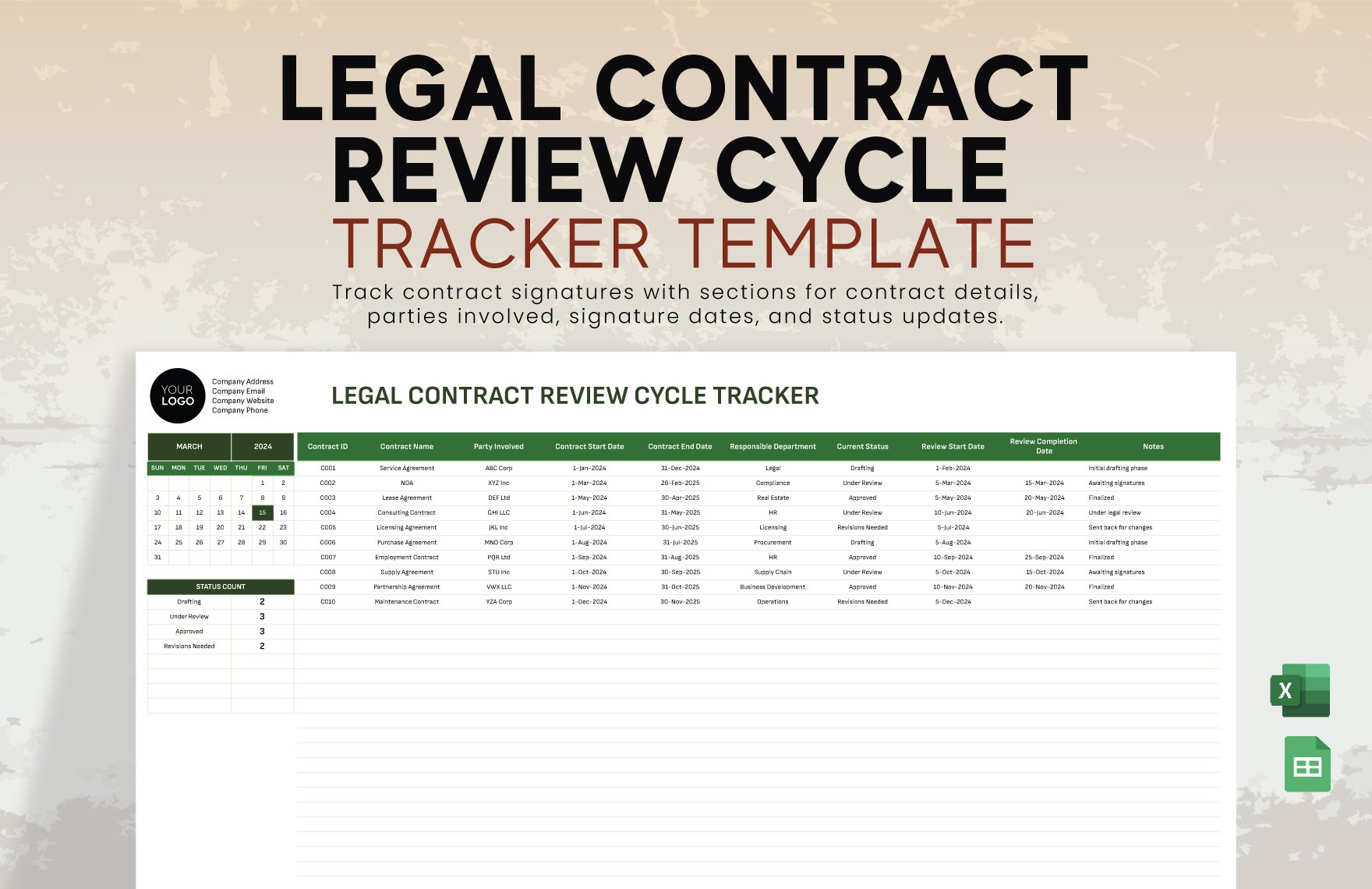 Legal Contract Review Cycle Tracker Template in Excel, Google Sheets