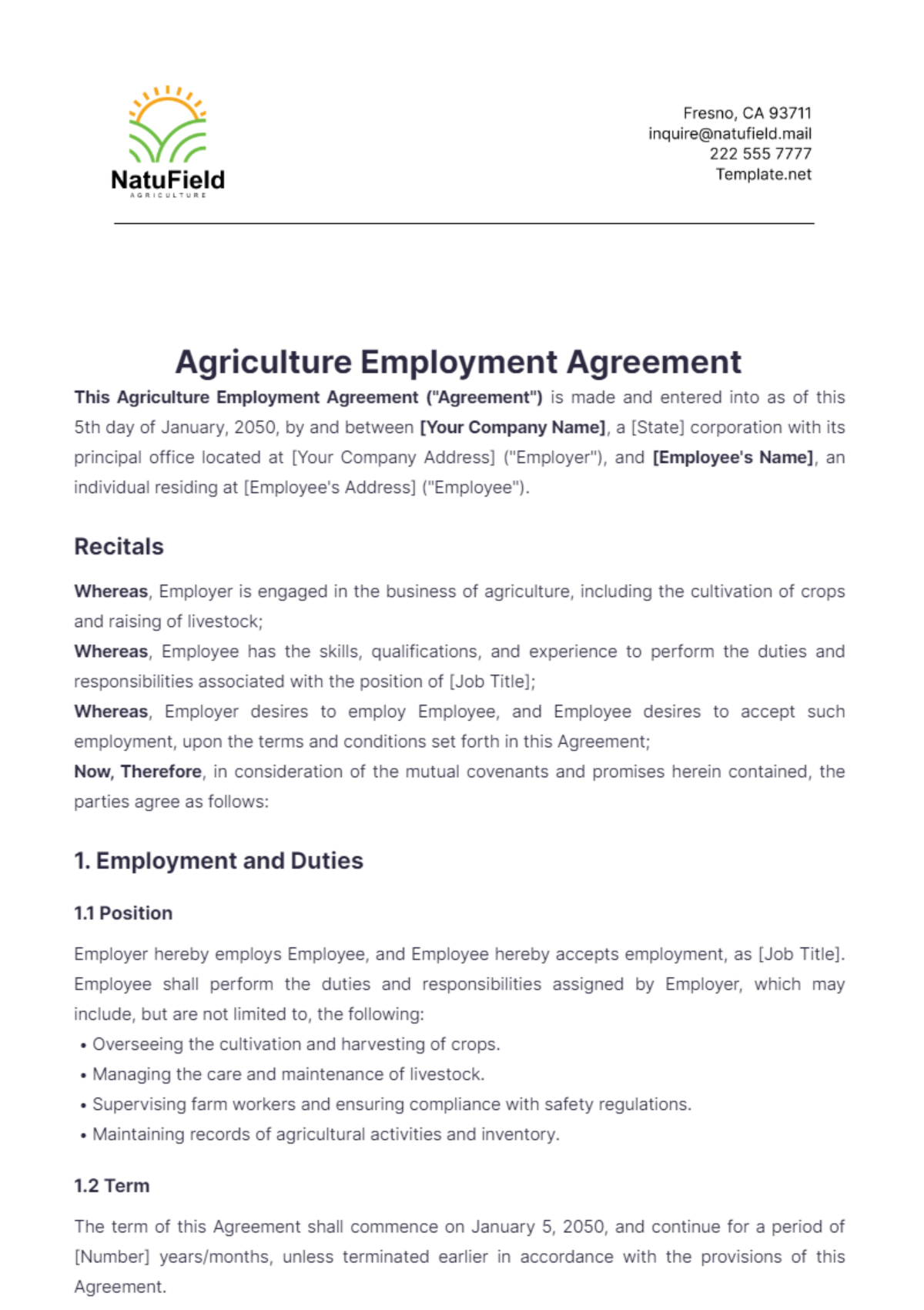 Agriculture Employment Agreement Template - Edit Online & Download