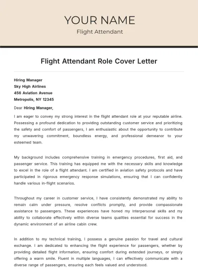 Free Flight Attendant Role Cover Letter to Edit Online