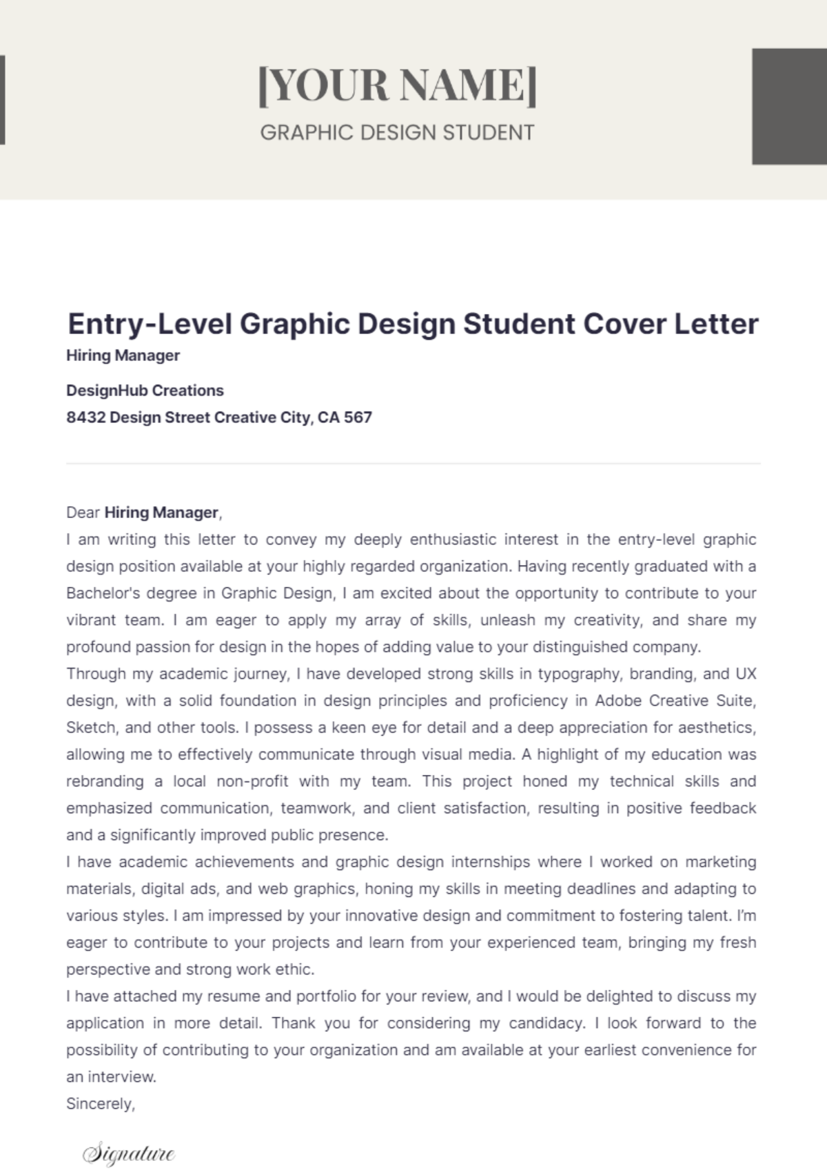 Entry-Level Graphic Design Student Cover Letter - Edit Online & Download