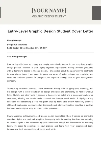 Free Entry-Level Graphic Design Student Cover Letter to Edit Online