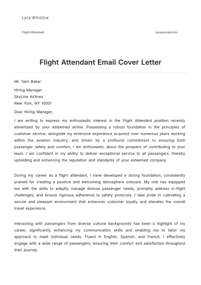 Free Flight Attendant Email Cover Letter to Edit Online