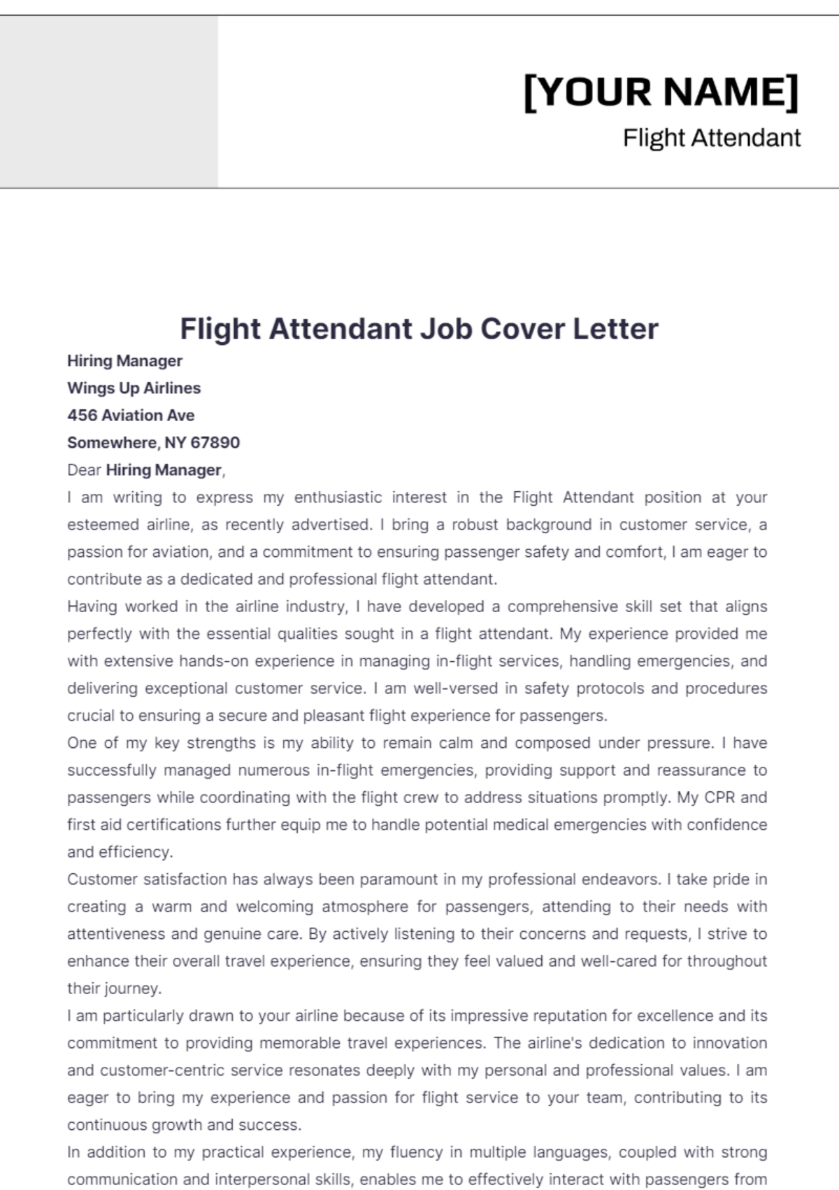 Flight Attendant Job Cover Letter - Edit Online & Download