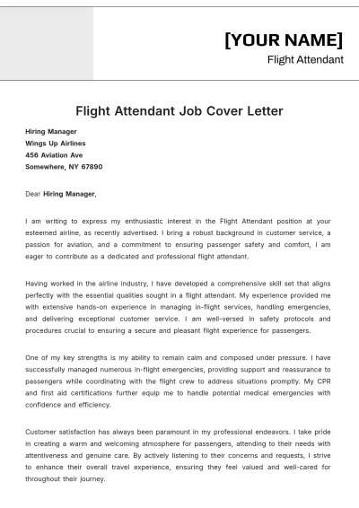 Free Flight Attendant Job Cover Letter to Edit Online