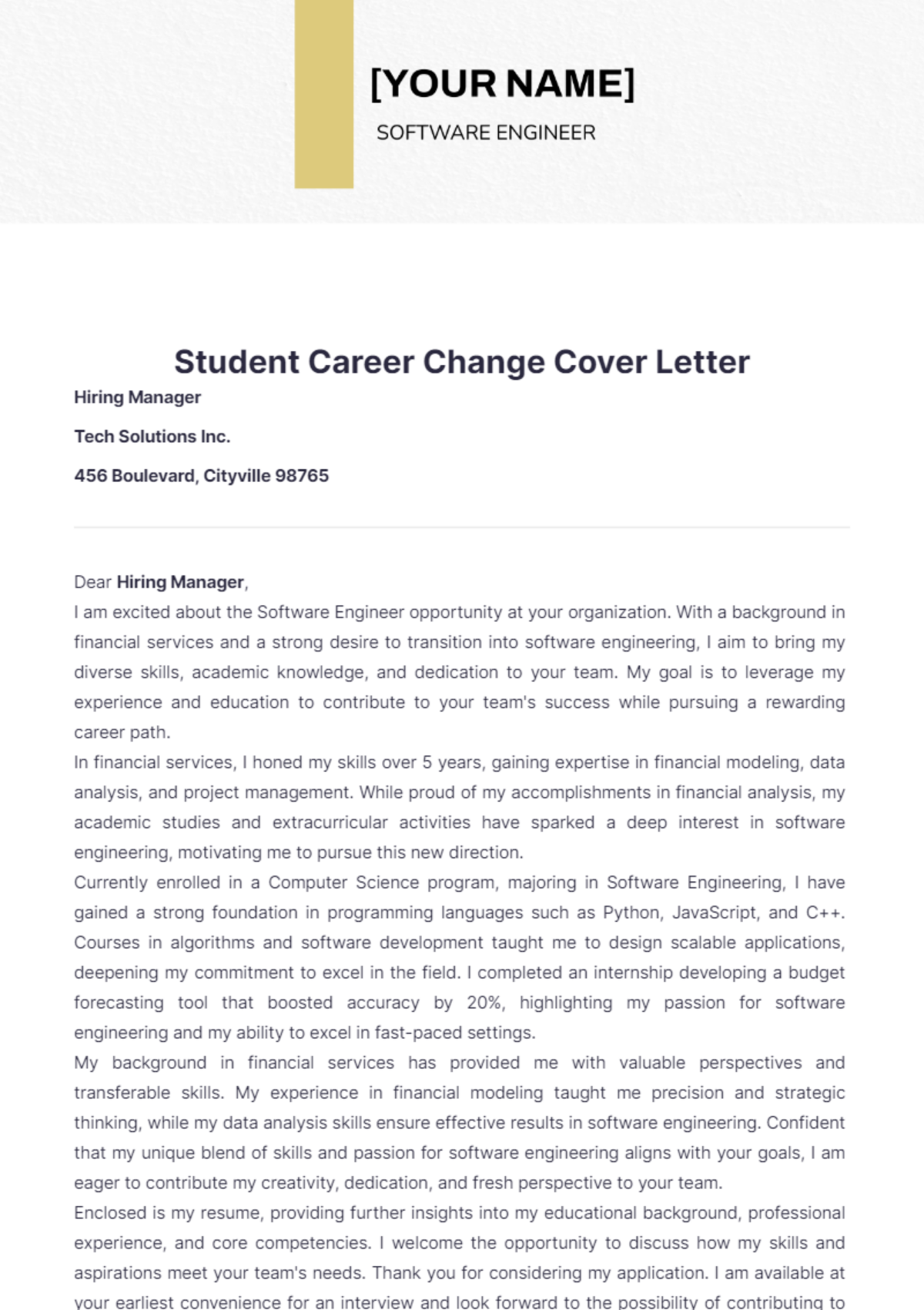 Student Career Change Cover Letter - Edit Online & Download