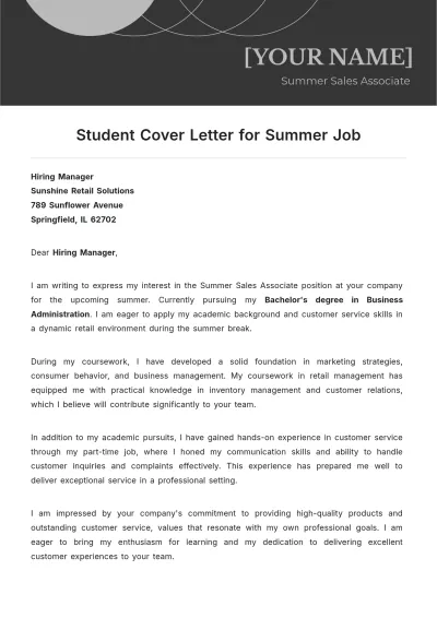 Free Student Cover Letter for Summer Job to Edit Online