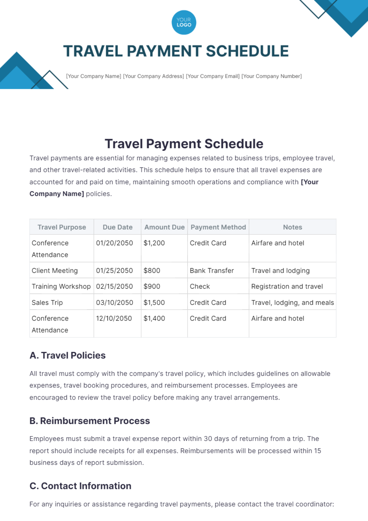 Free Travel Payment Schedule Template - Edit Online & Download ...