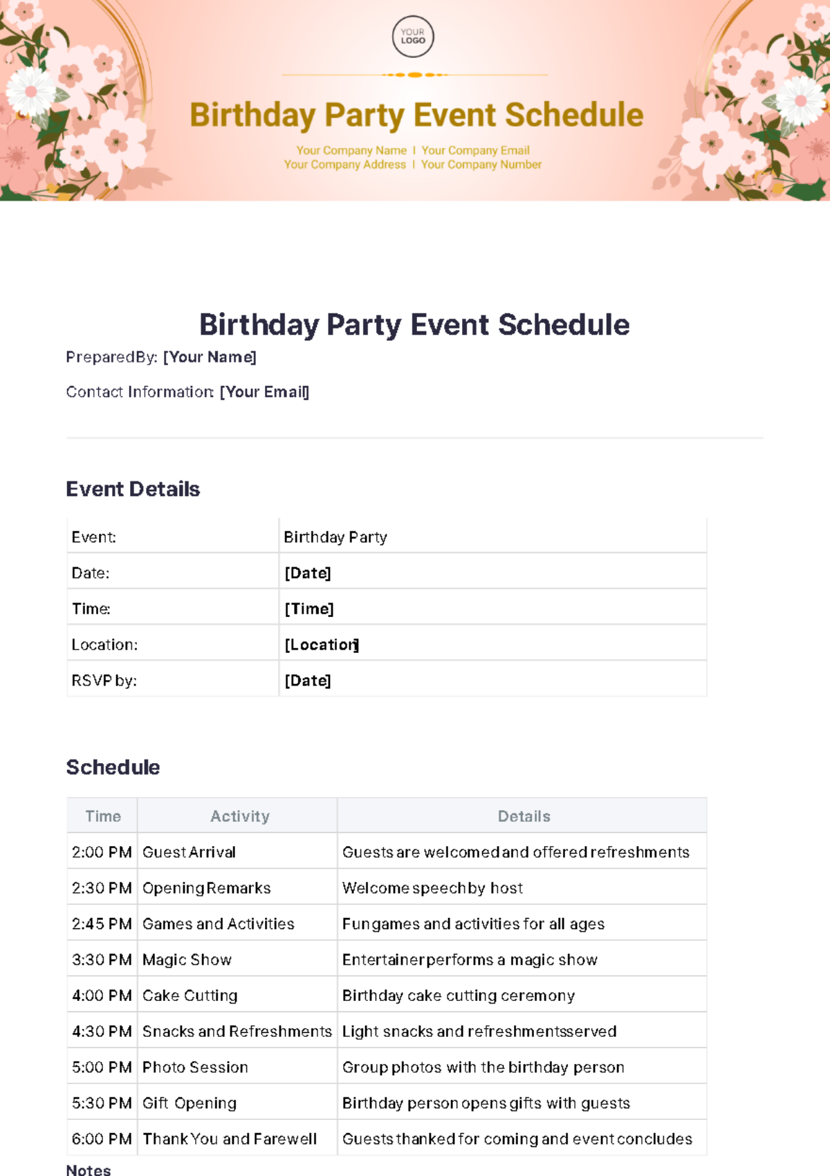 Birthday Party Event Schedule Template - Edit Online & Download