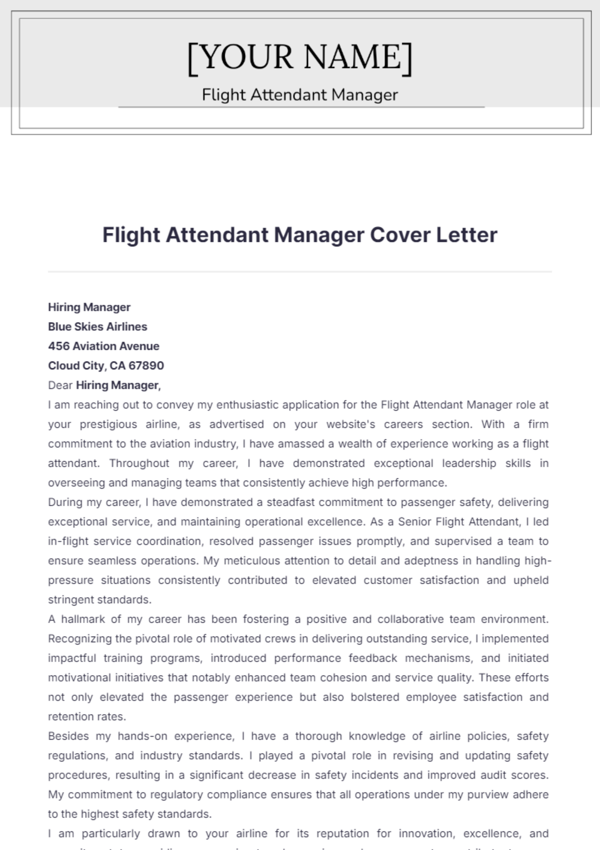 Flight Attendant Manager Cover Letter - Edit Online & Download