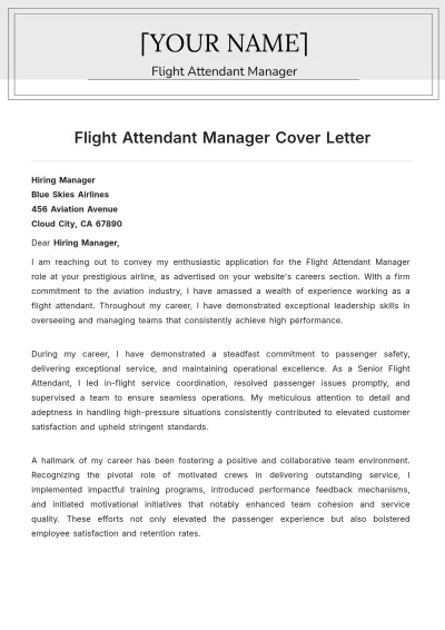 Free Flight Attendant Manager Cover Letter to Edit Online
