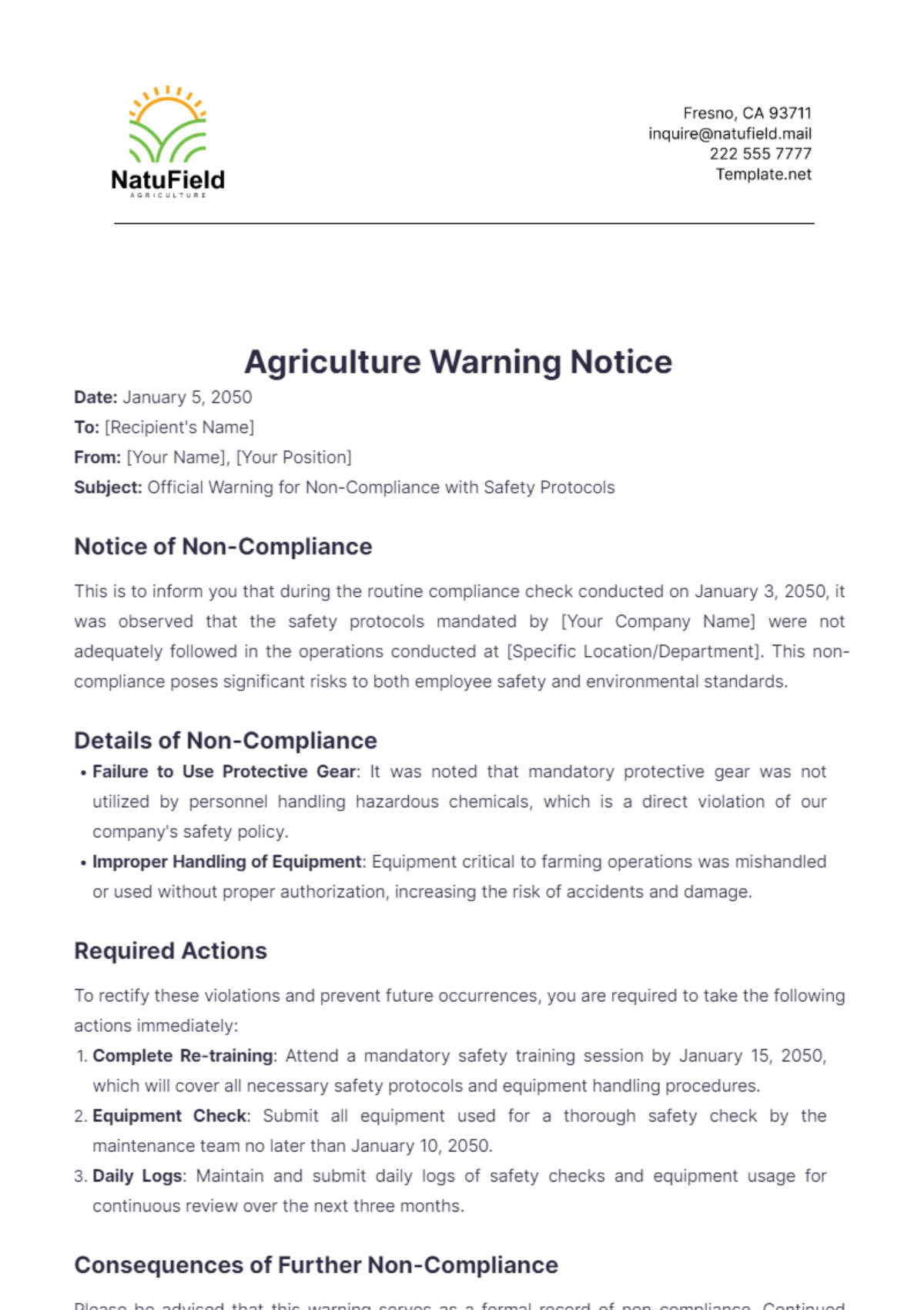 Agriculture Warning Notice Template - Edit Online & Download