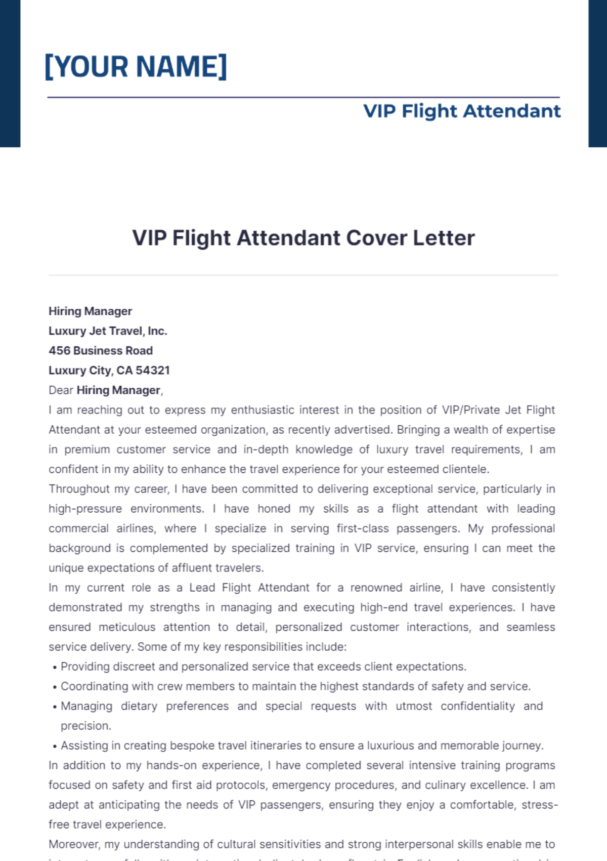 cover letter for vip flight attendant