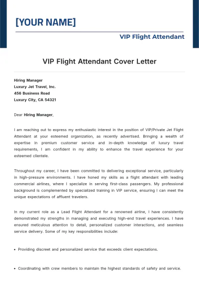 Free VIP Flight Attendant Cover Letter to Edit Online