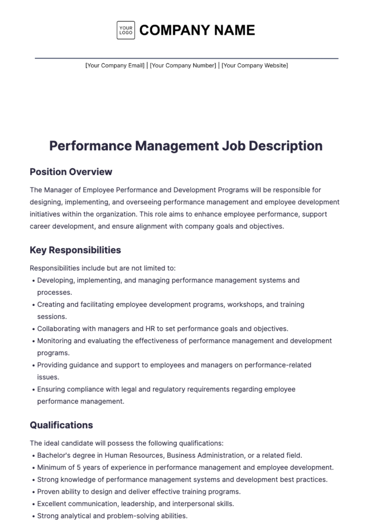 Performance Management Job Description Template - Edit Online & Download