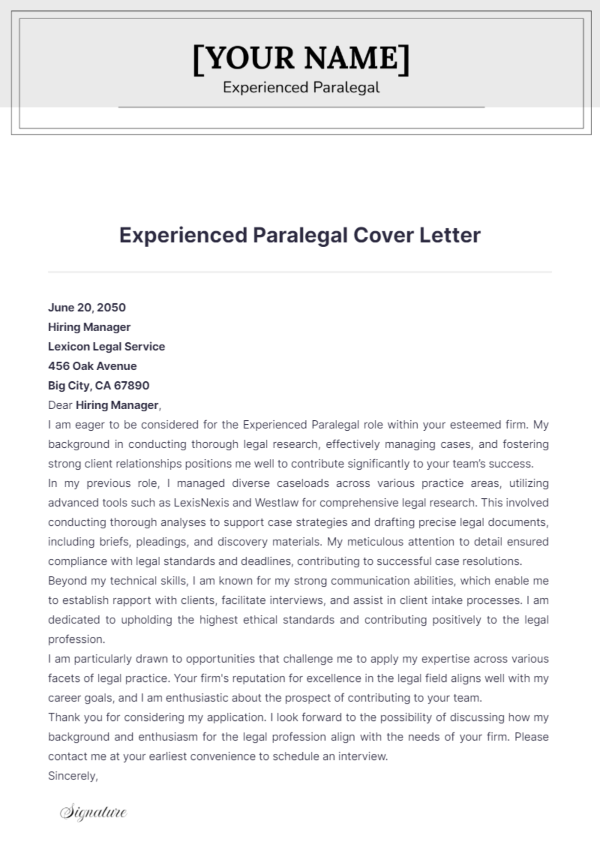 Experienced Paralegal Cover Letter