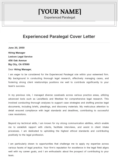 Free Experienced Paralegal Cover Letter to Edit Online
