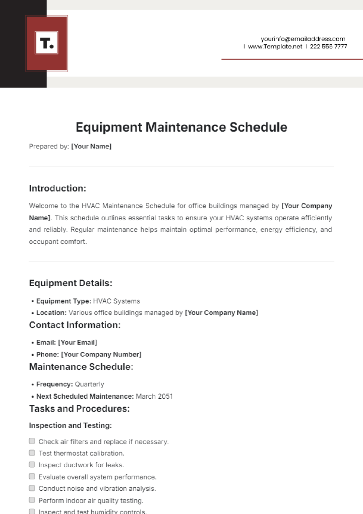 Equipment Maintenance Schedule Template - Edit Online & Download