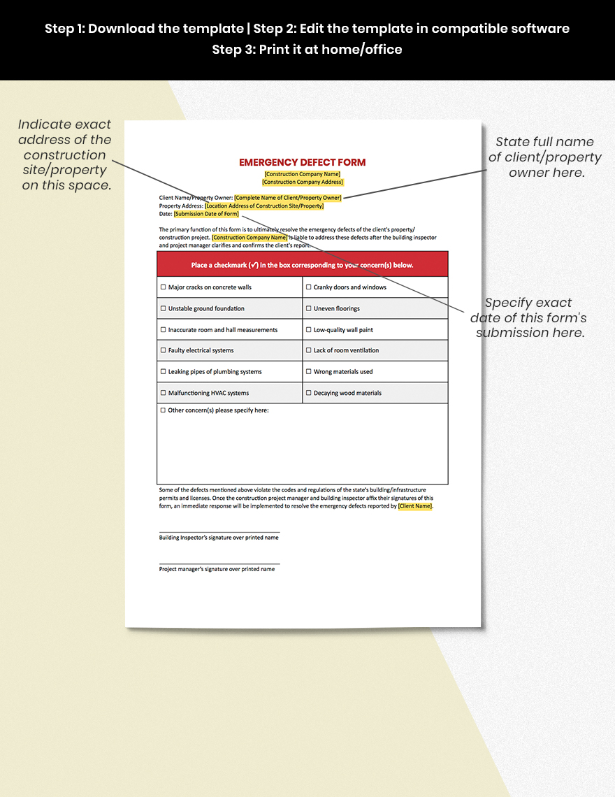 Emergency Defect Form Template