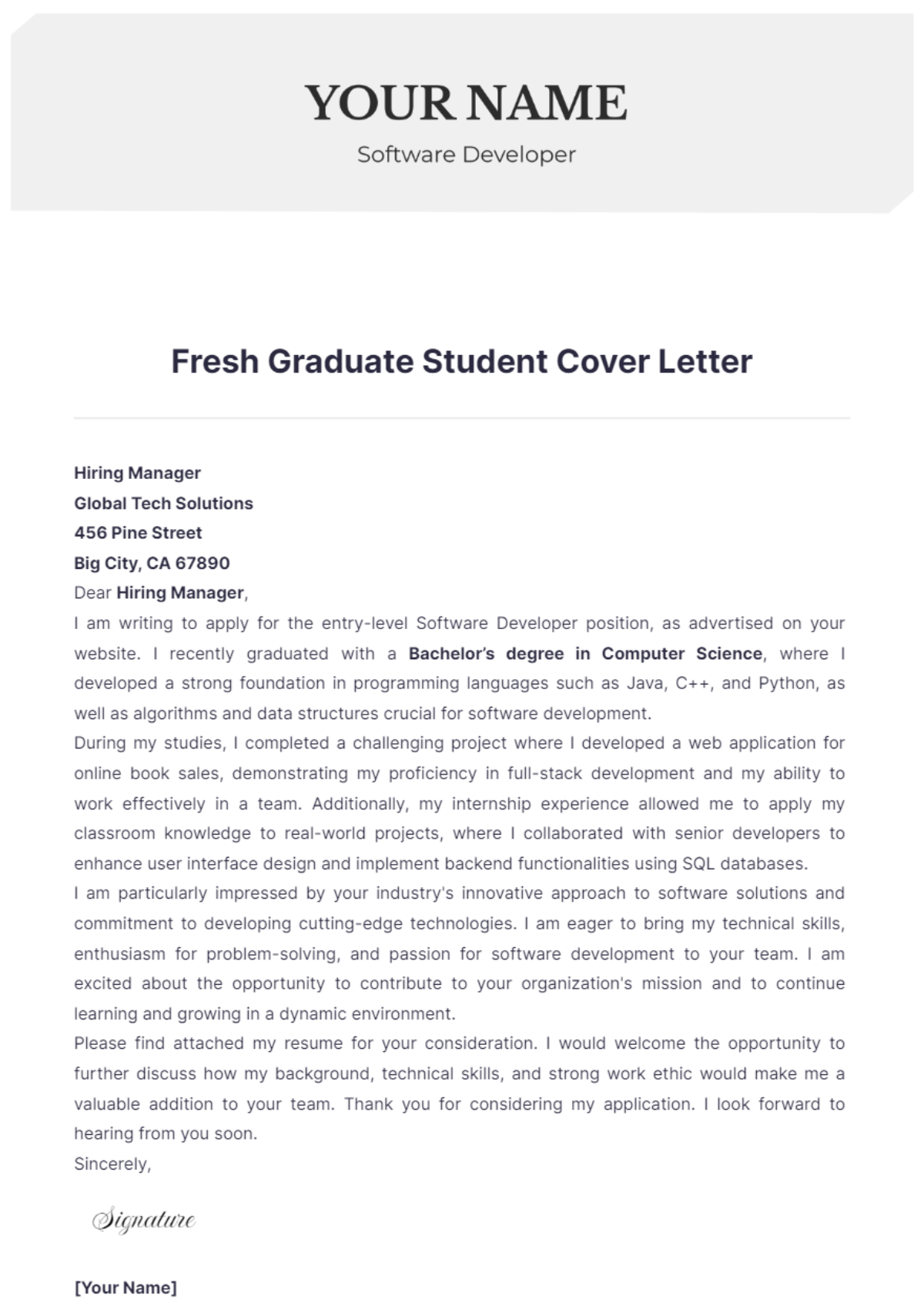 Fresh Graduate Student Cover Letter - Edit Online & Download