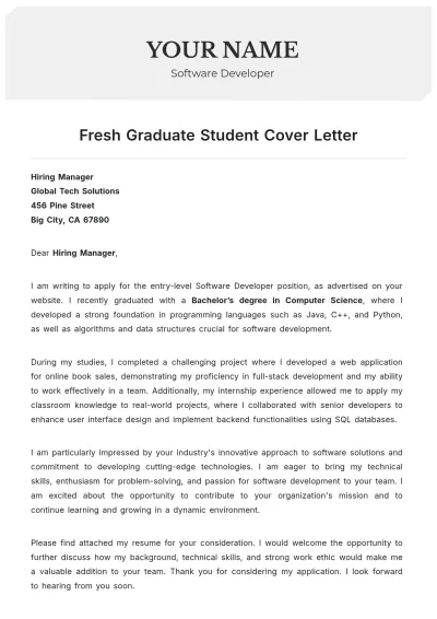 Free Fresh Graduate Student Cover Letter to Edit Online