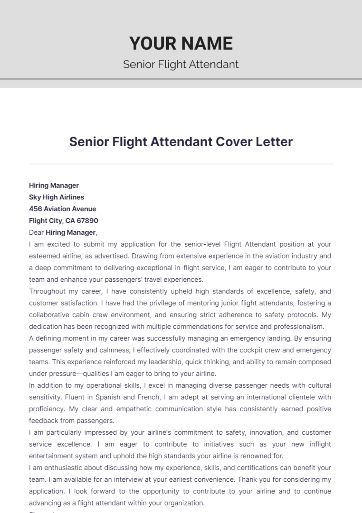 Senior Flight Attendant Cover Letter - Edit Online & Download