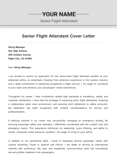 Free Senior Flight Attendant Cover Letter to Edit Online
