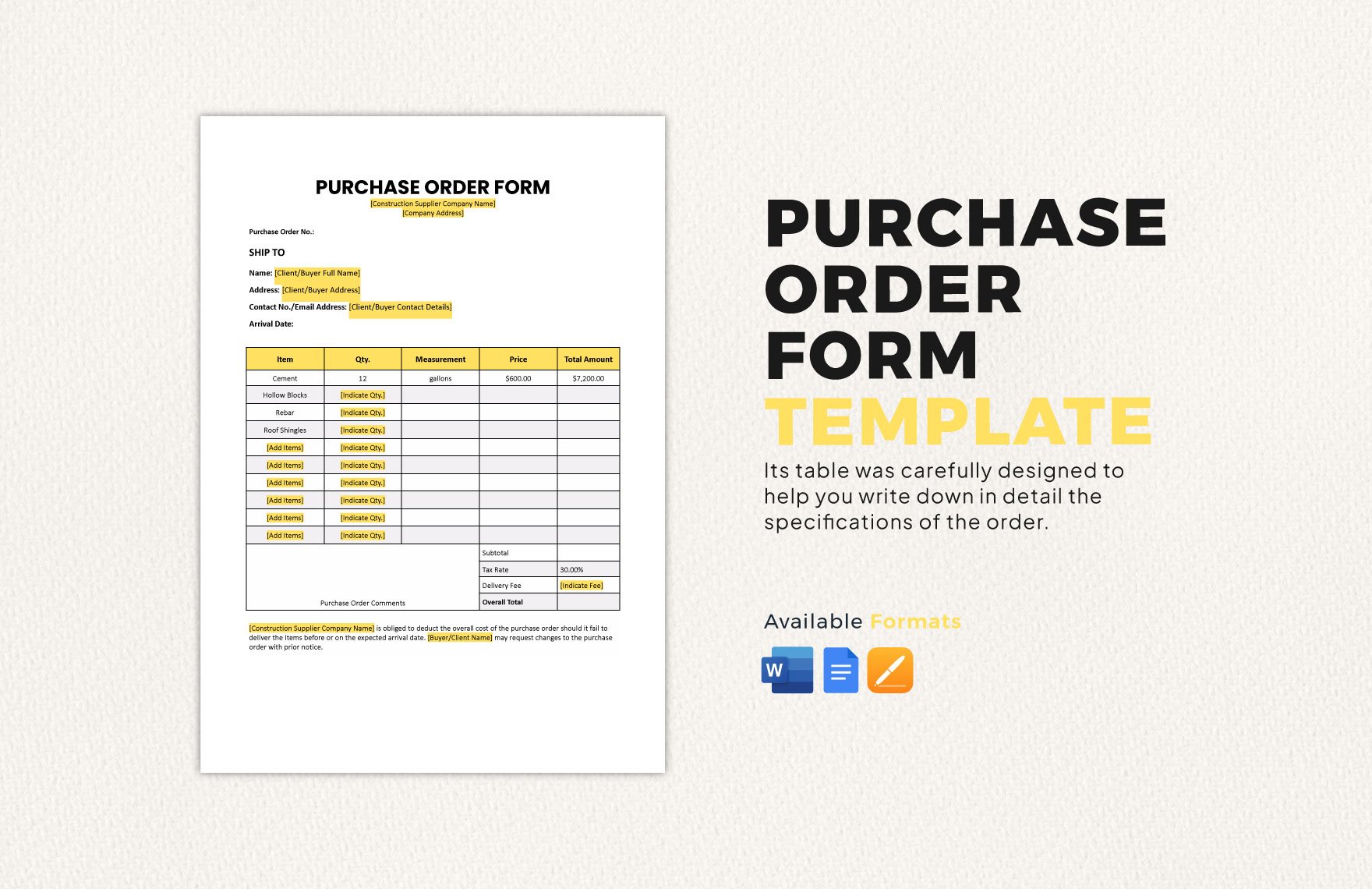 Sample Purchase Order Form Template