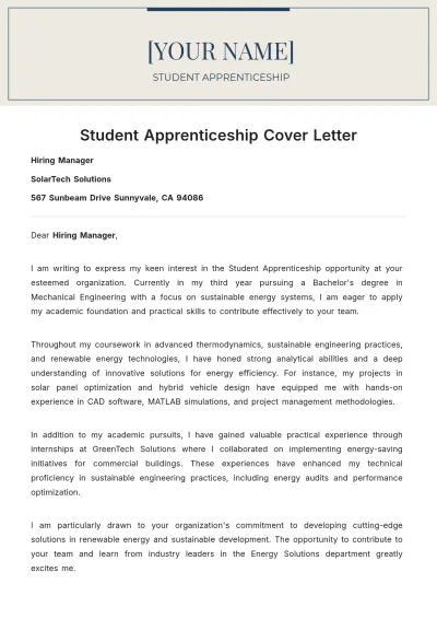 Free Student Apprenticeship Cover Letter to Edit Online