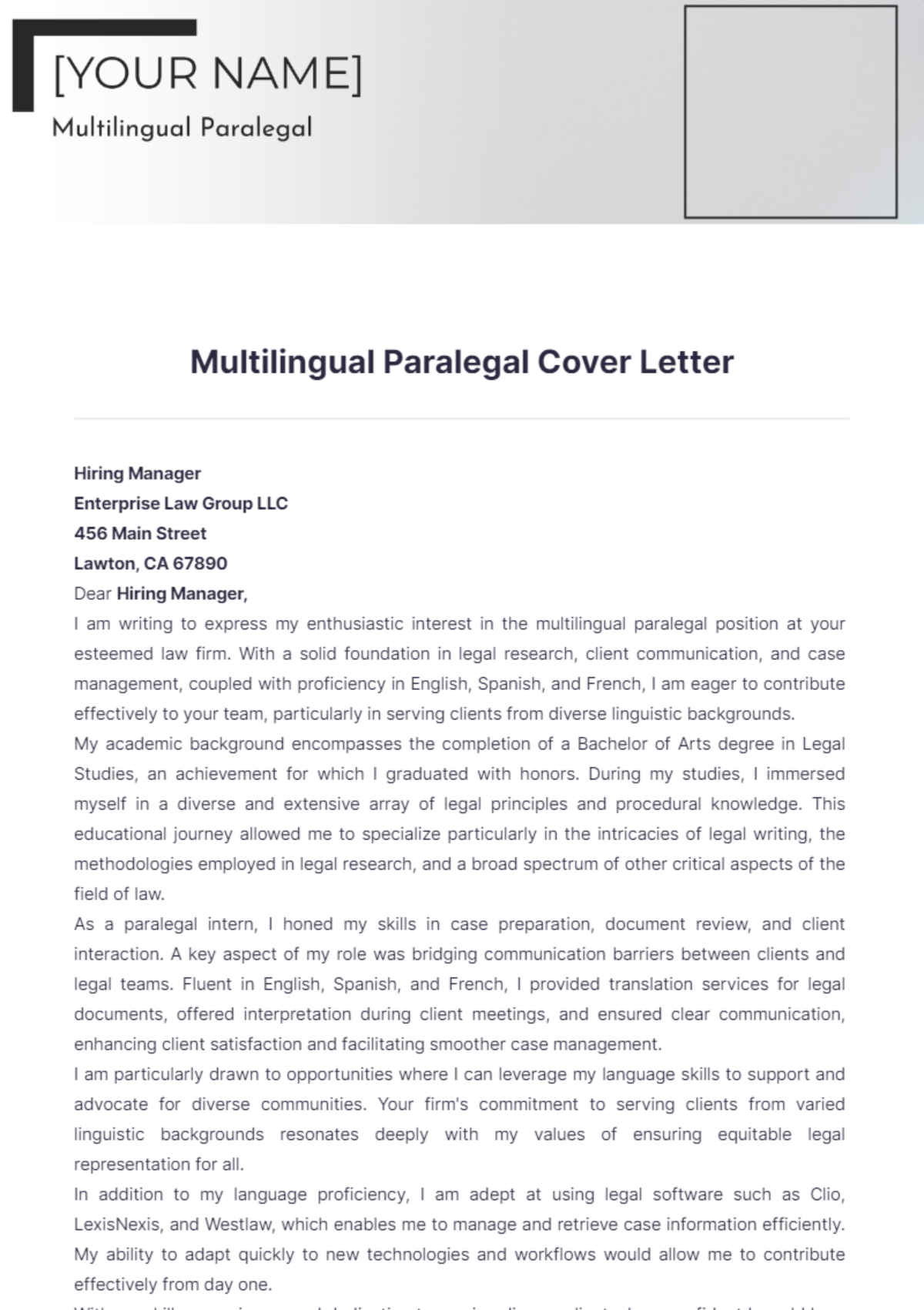 Multilingual Paralegal Cover Letter - Edit Online & Download