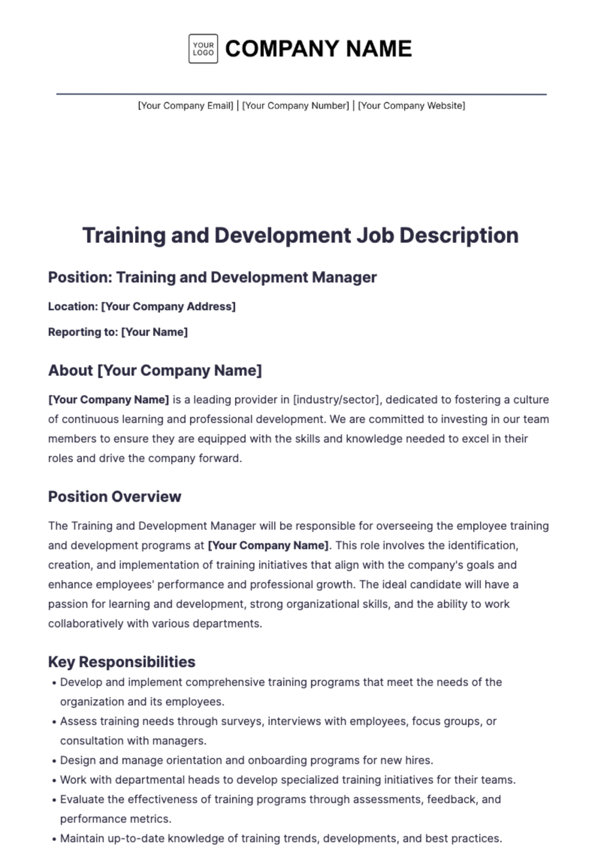 Training and Development Job Description Template - Edit Online & Download