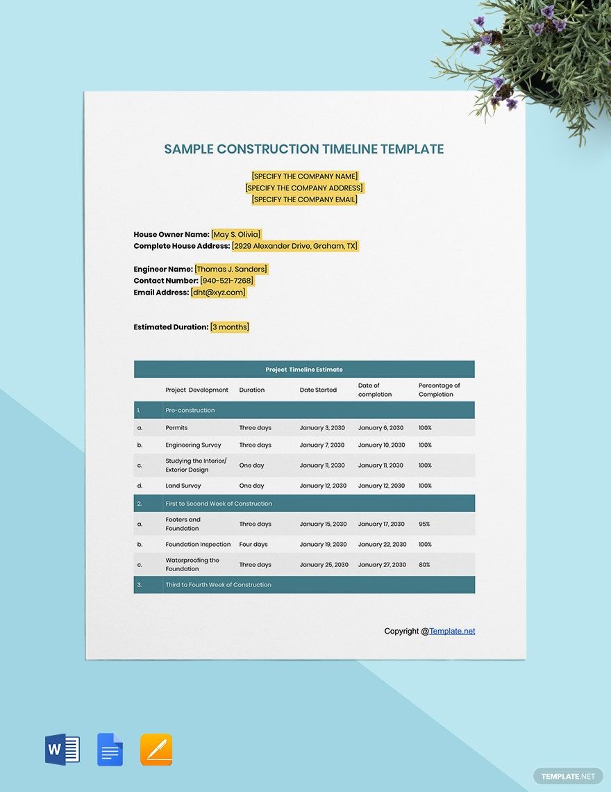 Sample Construction Timeline Template