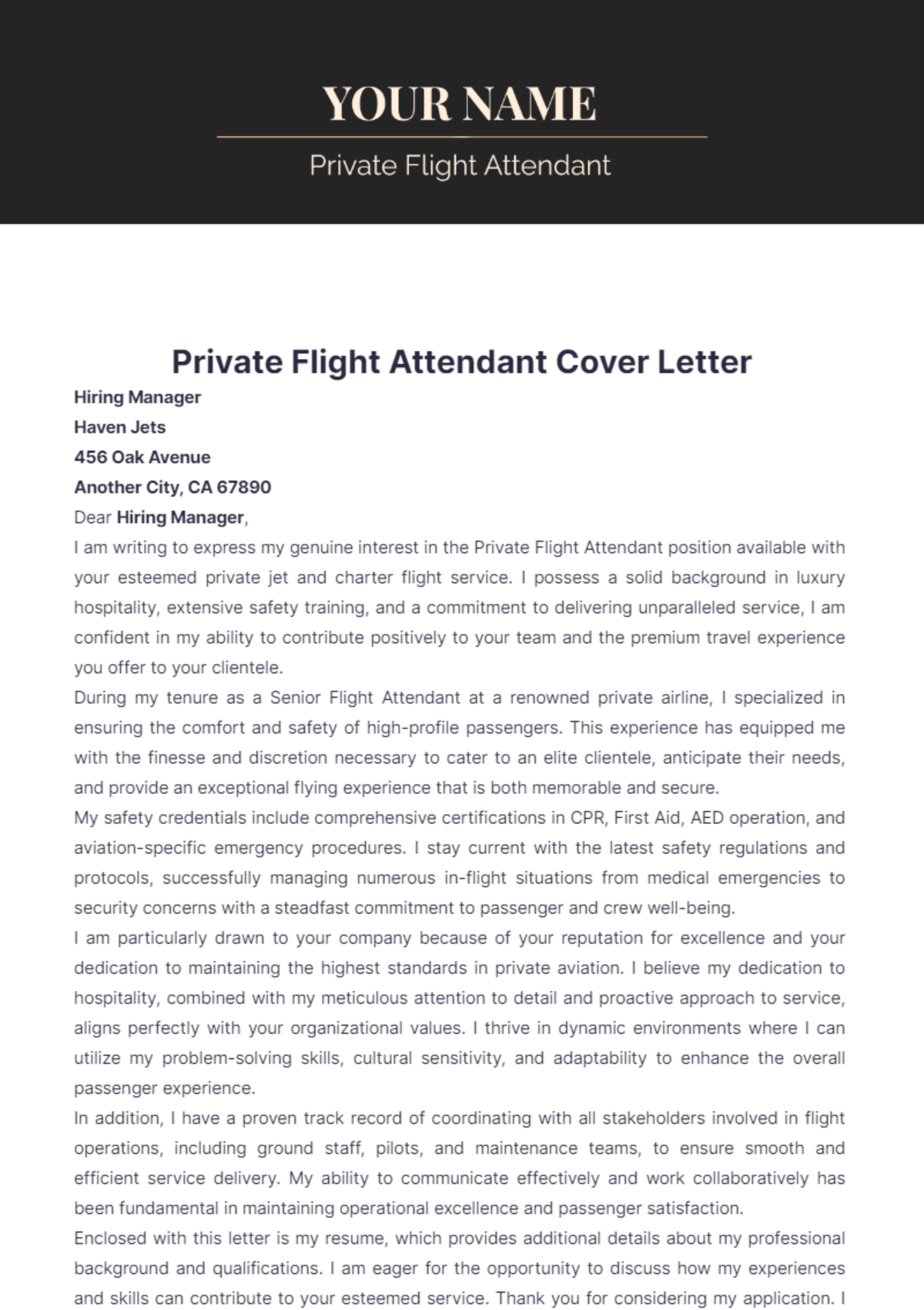 Private Flight Attendant Cover Letter - Edit Online & Download