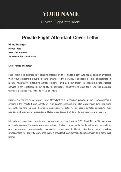 Free Private Flight Attendant Cover Letter to Edit Online