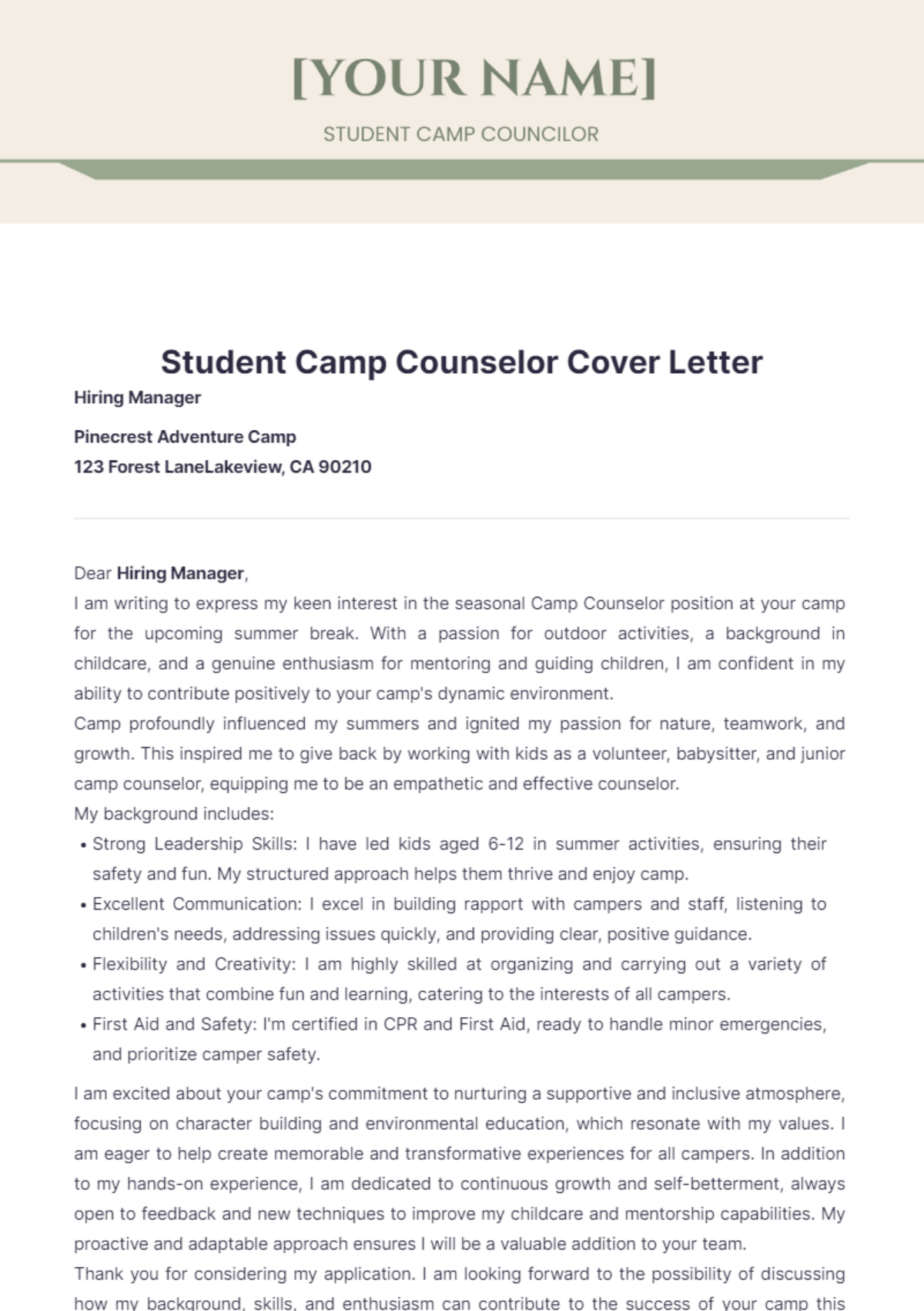 Student Camp Counselor Cover Letter