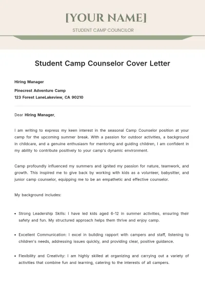 Free Student Camp Counselor Cover Letter to Edit Online