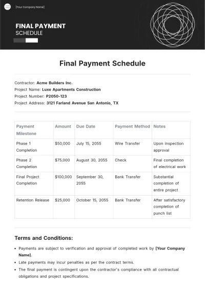 Free Final Payment Schedule Template to Edit Online