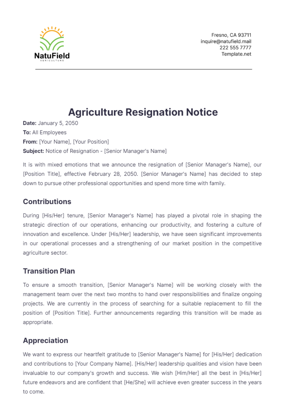 Agriculture Resignation Notice Template