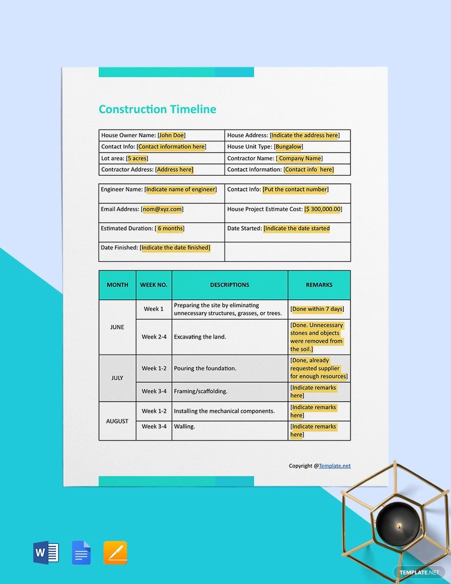 Blank Construction Timeline Template