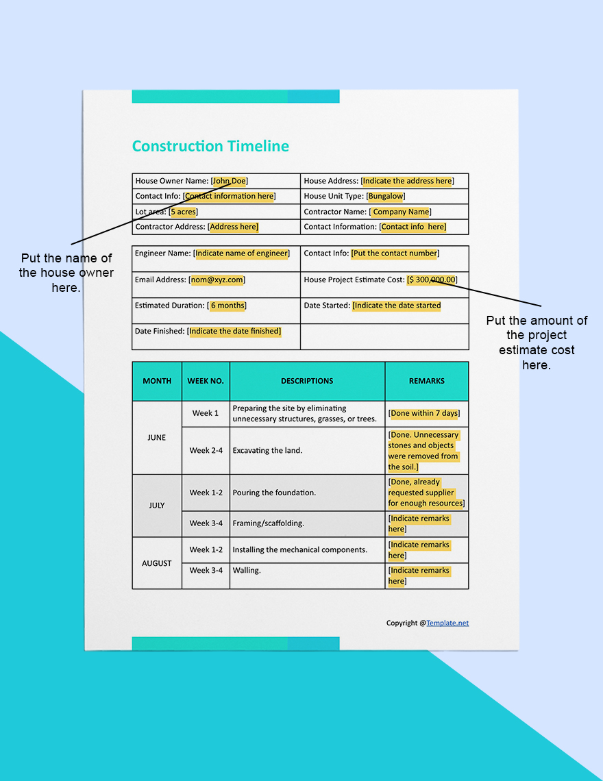 Blank Construction Timeline Sample