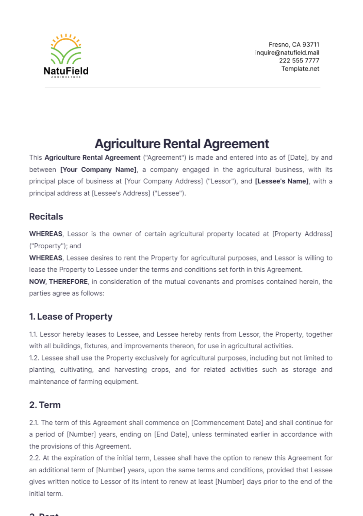 Agriculture Rental Agreement Template - Edit Online & Download