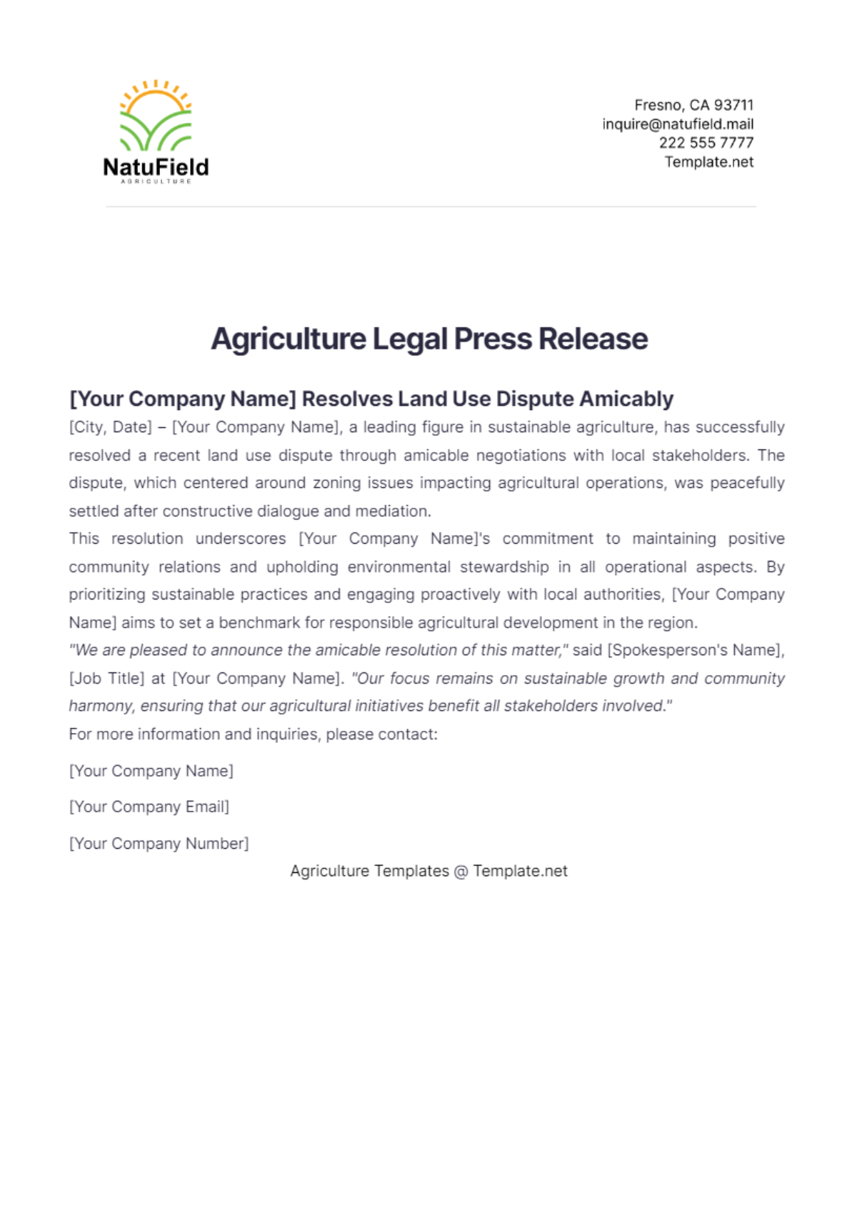 Agriculture Legal Press Release Template - Edit Online & Download