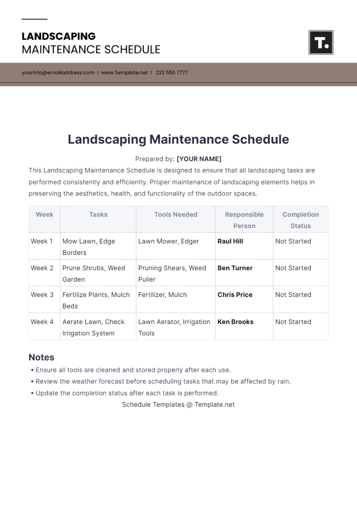 Landscaping Maintenance Schedule Template - Edit Online & Download