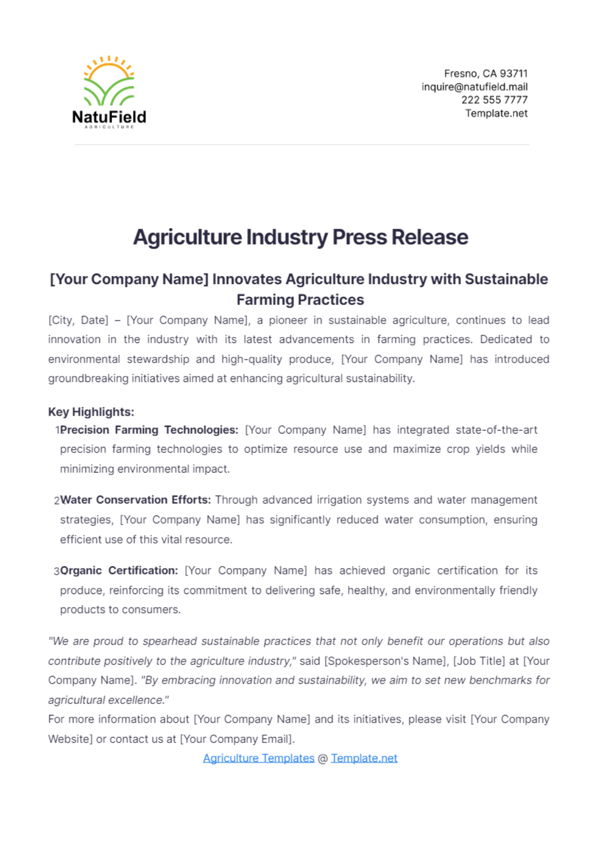 Agriculture Industry Press Release Template