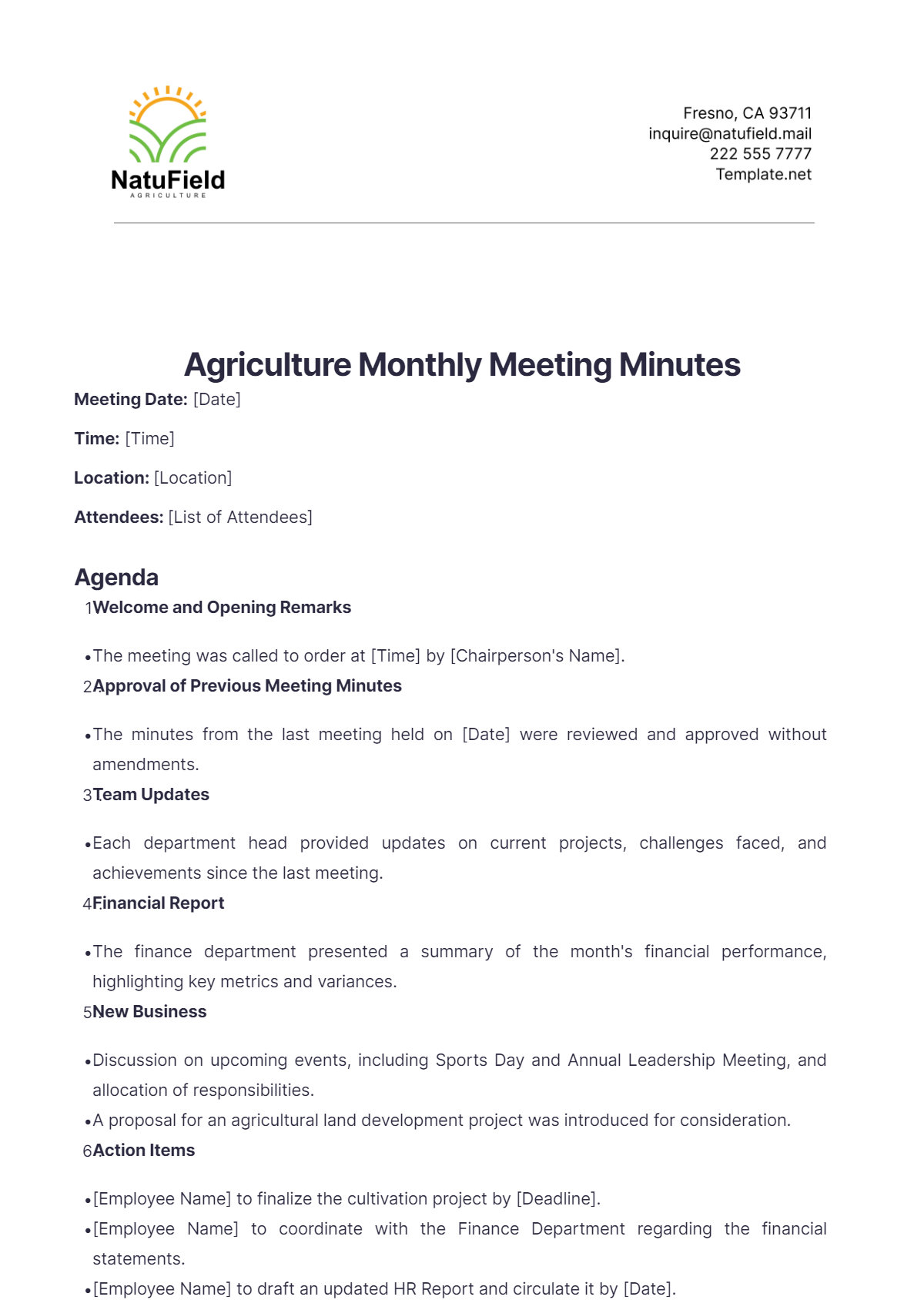 Agriculture Monthly Meeting Minutes Template - Edit Online & Download