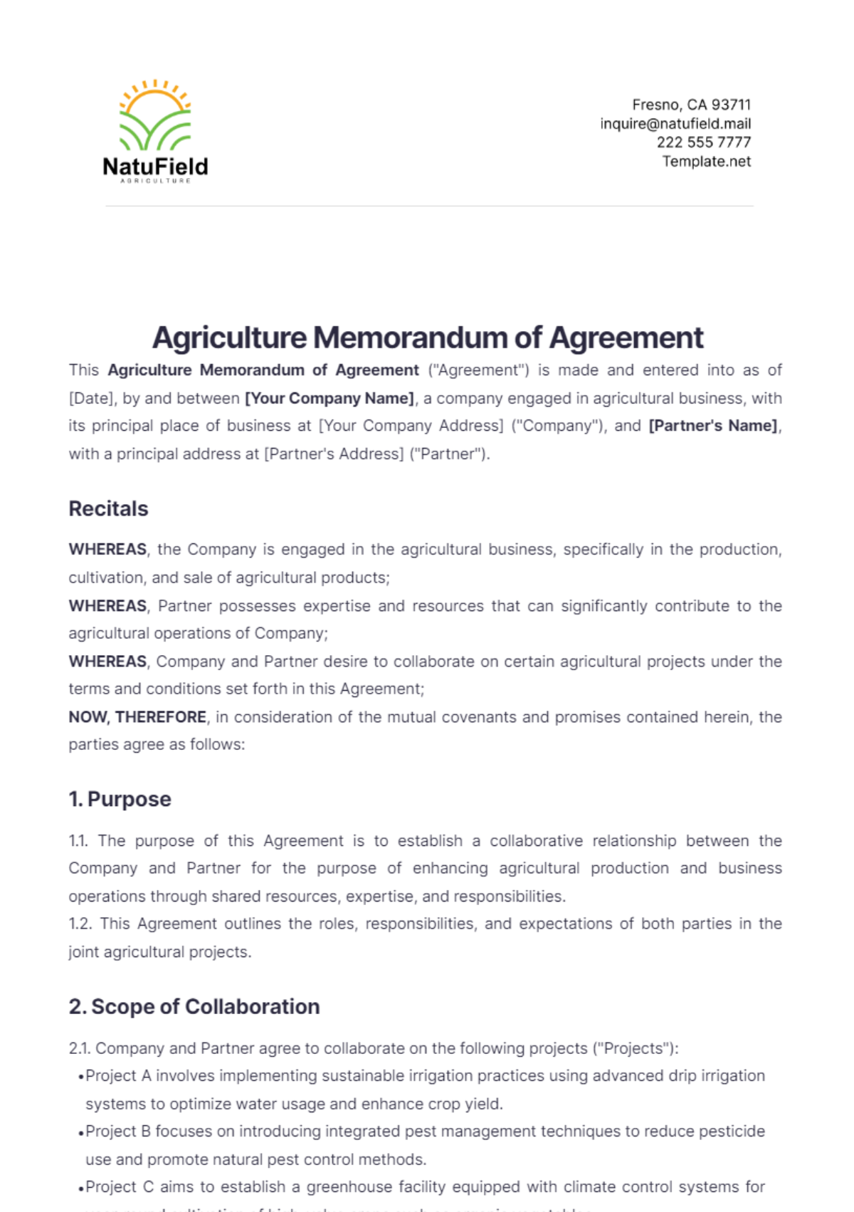 Agriculture Memorandum of Agreement Template - Edit Online & Download