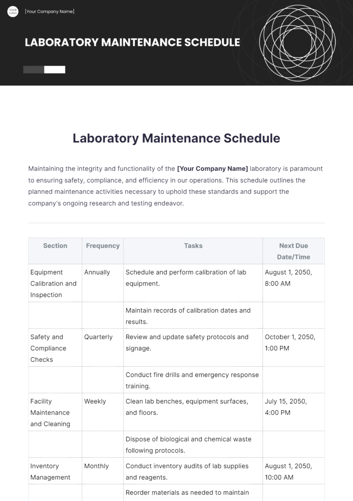 Laboratory Maintenance Schedule Template - Edit Online & Download