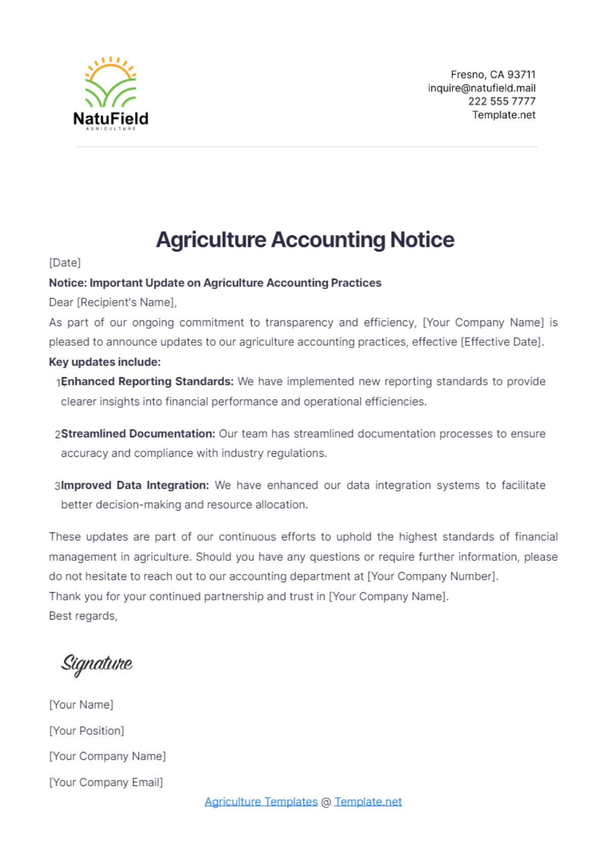 Agriculture Accounting Notice Template