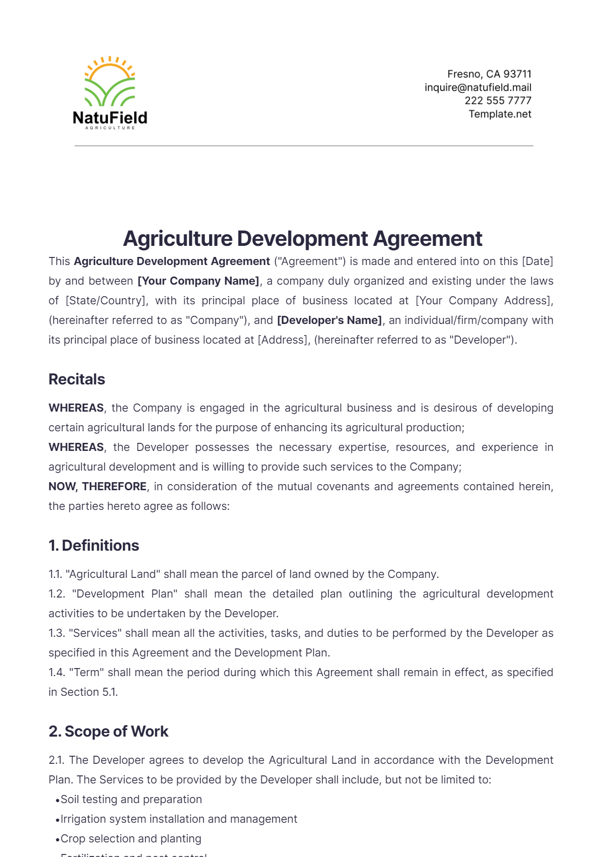 Agriculture Development Agreement Template